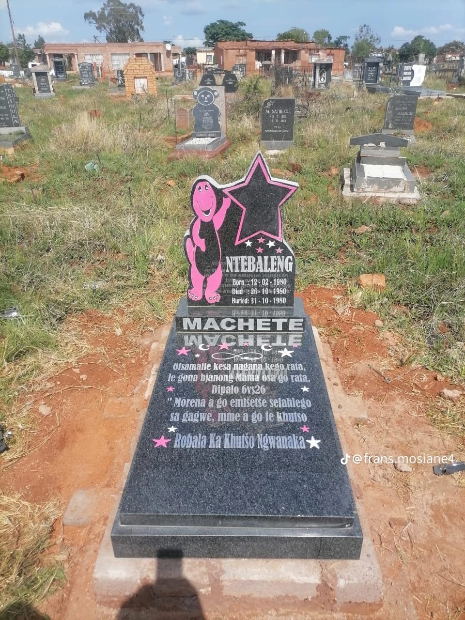 Children's memorial with Barney dinosaur and star design